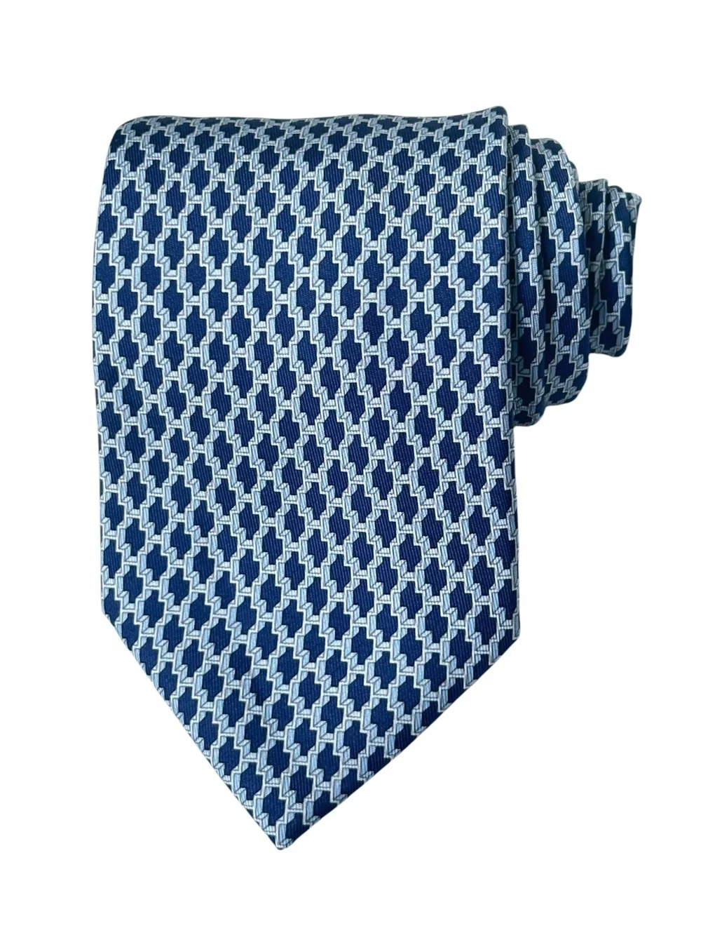 Hermès Silk Tie Blue Silver Geometric w/ Box Made in France